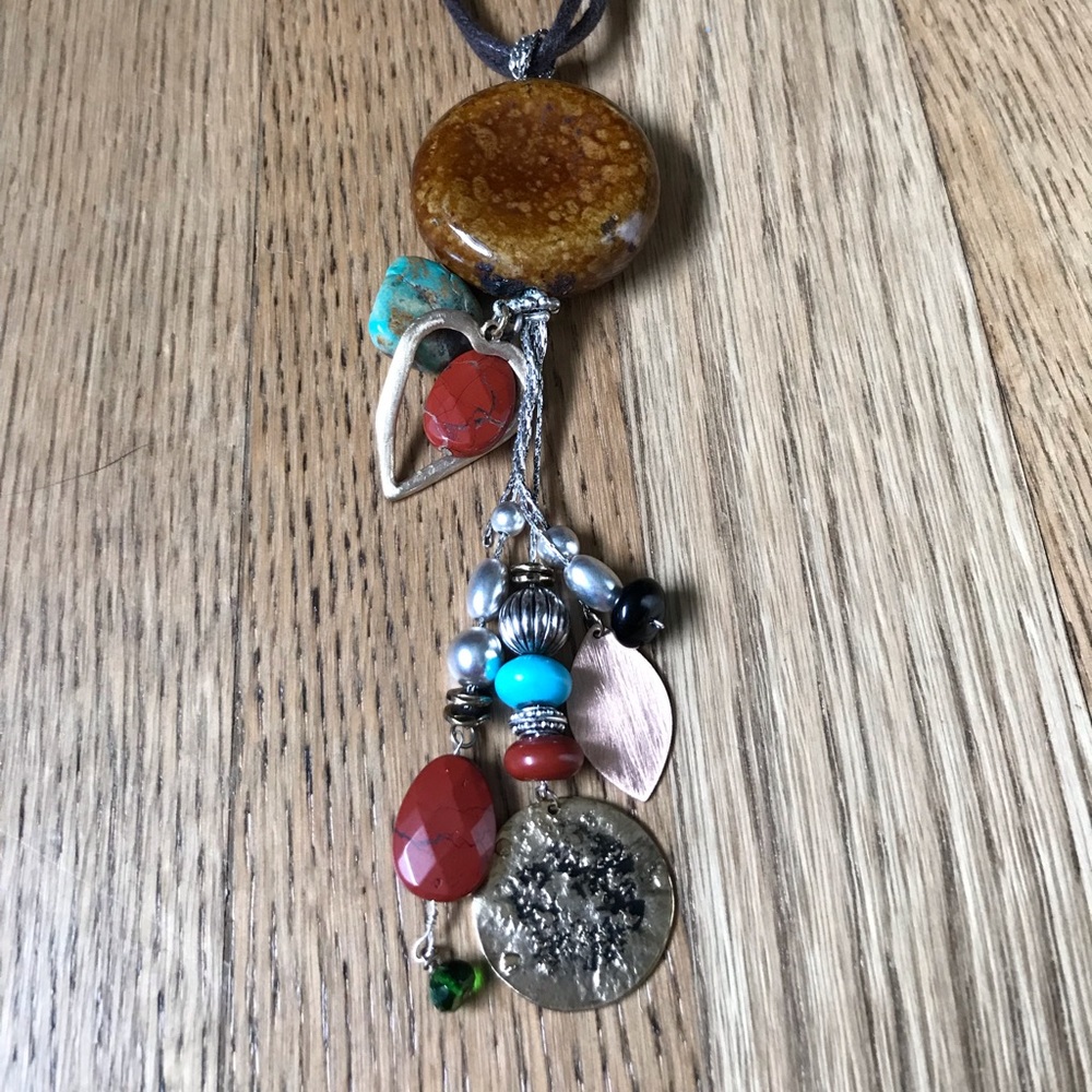 Vintage Brown leather and various stone necklace